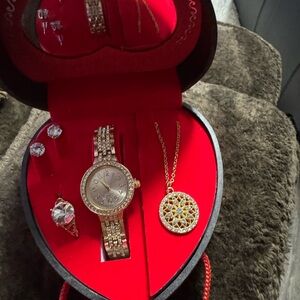 Women's Gold-Tone Crystal Accent Watch and Pendant Set